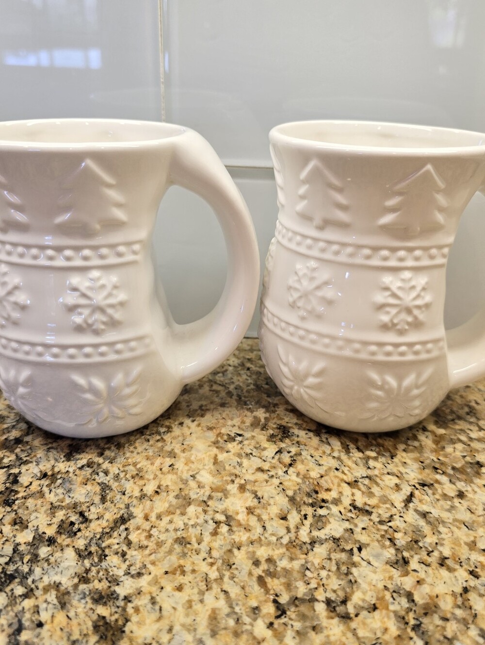 Set of 2 White Coffee Tea Mugs Cups Thick Handle Half Round Christmas Snowflake